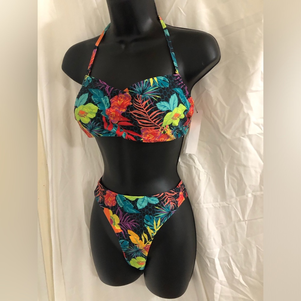 Tropical Black floral‎ multi print halter top high waist bikini set size XL new